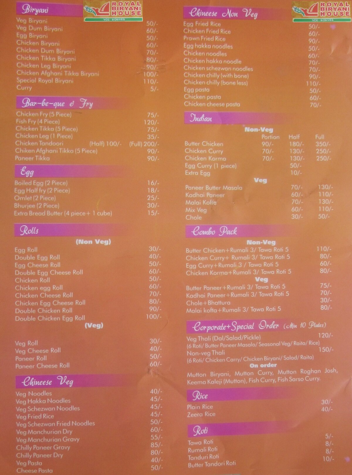 Royal Biryani House Menu